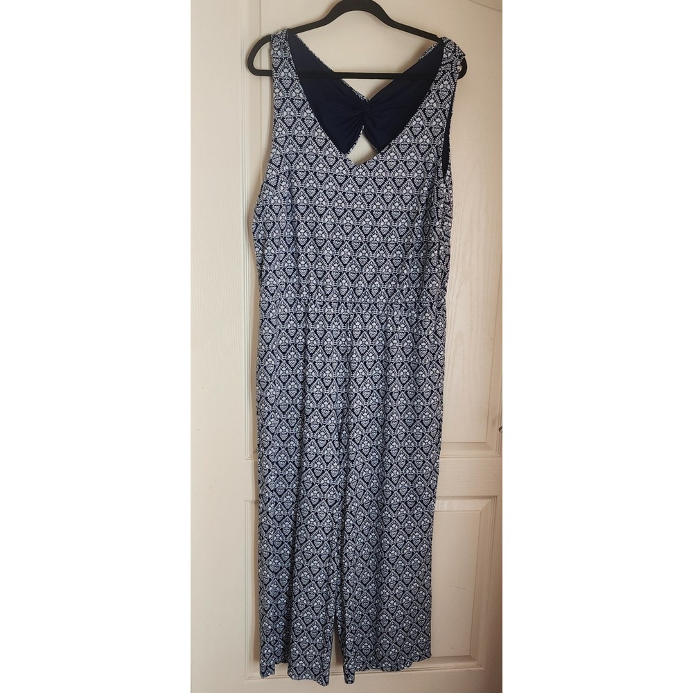 Talbots Plus Navy Blue White Medallion Print Twist Back Jumpsuit 1X